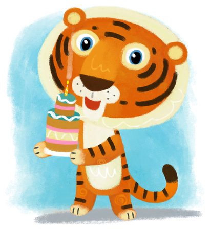 cartoon scene with happy little boy tiger cat having fun cooking or eating birthday cake on white background illustration for kidsの写真素材