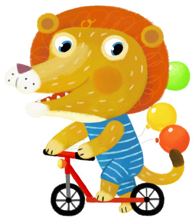 cartoon scene with happy little boy lion cat riding scooter having fun on white background illustration for kidsの写真素材