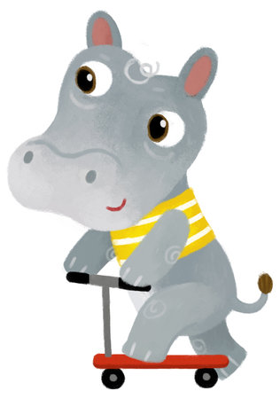 cartoon scene with happy little boy hippo hippopotamus having fun riding on the scooter on white background illustration for kidsの写真素材