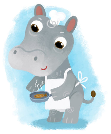 cartoon scene with happy little boy hippo hippopotamus having fun cooking on white background illustration for kidsの写真素材