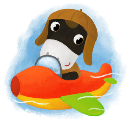 cartoon scene with farm cow bull boy child flying plane transportation illustration for kidsの写真素材