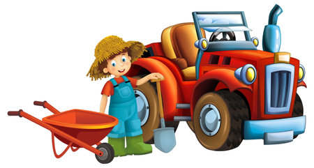 cartoon scene with farmer boy near the tractor wheelbarrow isolated background illustration for kidsの写真素材
