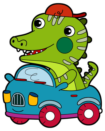 cartoon scene with happy funny dinosaur dino lizard dragon kid child having fun playing kindergarten isolated colorful background illustrationの写真素材