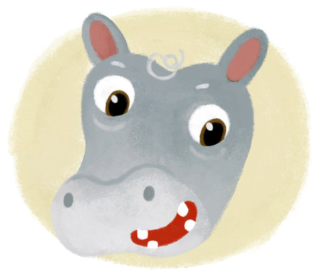 cartoon scene with zoo animal hippo hippopotamus head badge isolated illustration for kidsの写真素材