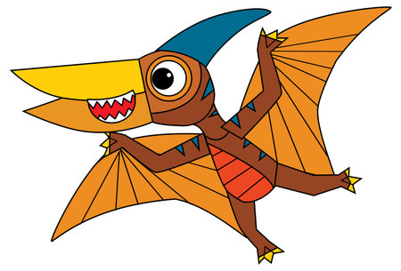 cartoon scene with happy prehistoric animal pteranodon dino dinosaur flying bird smiling and walking isolated on white background illustration for kidsの写真素材