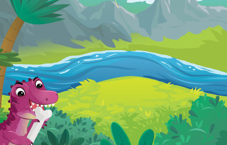 cartoon dinosaur land scene with animal dino in the jungle illustration for the kidsの写真素材