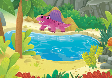 cartoon dinosaur land scene with animal dino in the jungle illustration for the kidsの写真素材