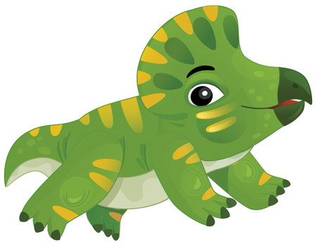 cartoon happy and funny colorful prehistoric dinosaur dino protoceratops smiling and running isolated illustration for kidsの写真素材