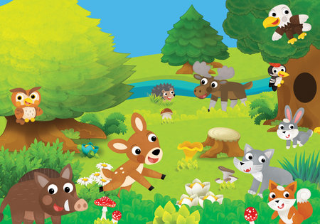 cartoon fun scene different forest animals friends in forest illustration for childrenの写真素材