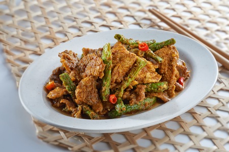 Long green bean cook with tauhu  cook in spicy sauceの写真素材