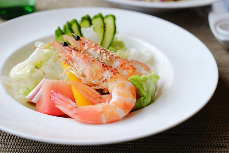 Prawn salad Healthy Shrimp Salad with mixed greens and mixed fruitsの写真素材