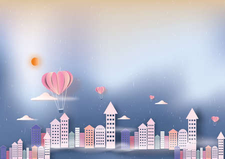 Abstract background with rainbow and paper heart balloon in pastel cloudy color rainy sky.のイラスト素材