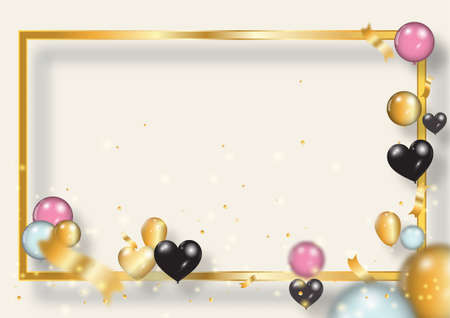 birthday photo frame with gold, black and white balloons and gold ribbons. Transparent background.のイラスト素材