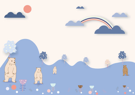 The background picture features bears and leaves and rocks and mushrooms.のイラスト素材