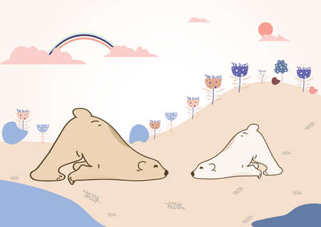 The background picture features bears and leaves and rocks and mushrooms.のイラスト素材