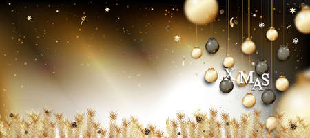 Christmas greeting card, design of xmas balls with golden glitter confettiの写真素材