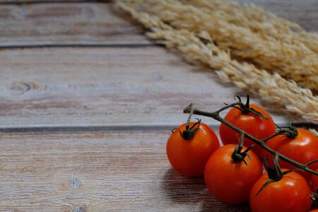 Tomatoes on the wooden floor in the kitchenの写真素材
