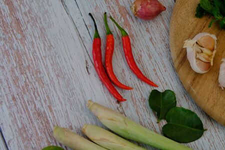 Chili, onion, garlic and spices in the kitchenの写真素材