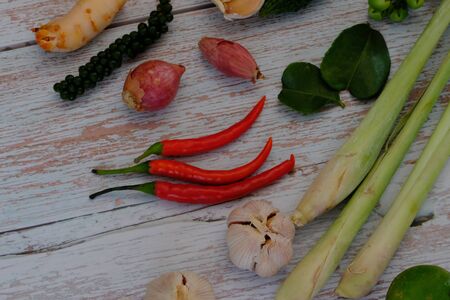 Chili, onion, garlic and spices in the kitchenの写真素材