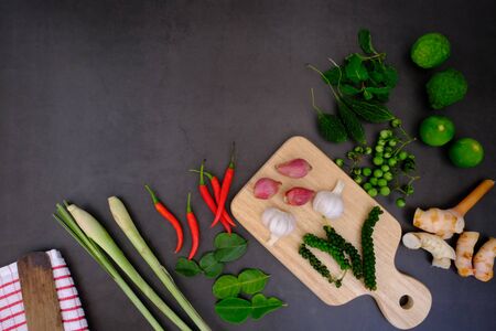 Chili, onion, garlic and spices in the kitchenの写真素材