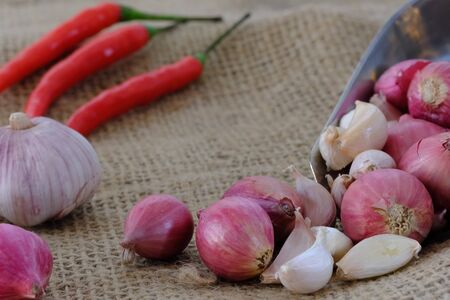 Chili, onion, garlic on brown sackclothの写真素材
