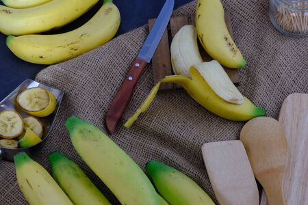 Banana for cooking on the floor in the kitchenの写真素材