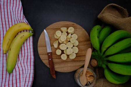 Fresh bananas from the plantation are placed in the kitchen.の写真素材