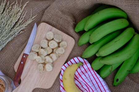 Fresh bananas from the plantation are placed in the kitchen.の写真素材