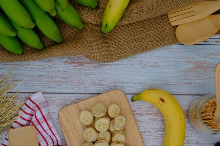 Fresh bananas from the plantation are placed in the kitchen.の写真素材