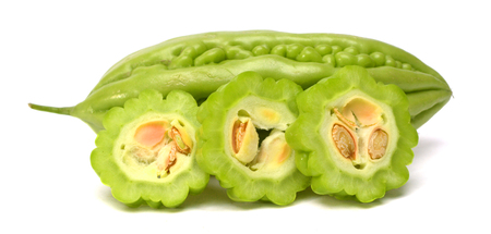 Balsam Pear Bitter Melon isolated on white backgroundの写真素材
