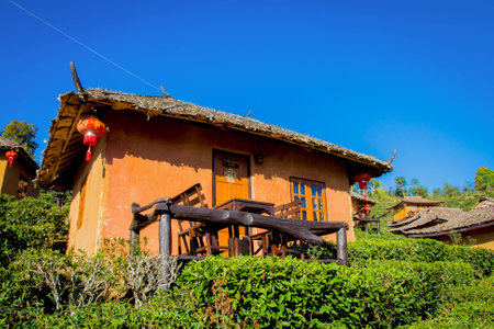 Earthen house and dry grasses roofの写真素材