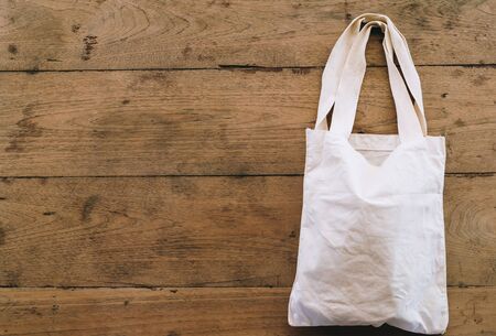 Zero waste and eco friendly concept, Cloth bag on wooden tableの写真素材