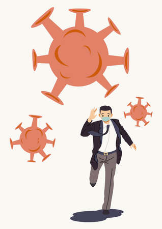flat vector illustration design, masked businessman run away from coronavirusのイラスト素材