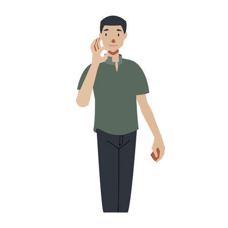 flat vector illustration, smiley man raise hand and show OK signalのイラスト素材
