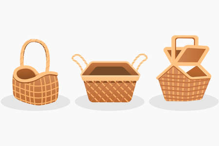 Flat cartoon style illustration, set of wooden picnic basket, natural food container vector pictureのイラスト素材