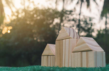 select focus wooden house model, toy block, housing or real estate conceptの写真素材