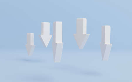 3d rendering, 3 d illustration, group of down side arrows on blue background, economic symbol of regressionの写真素材