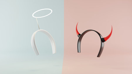 3d rendering, 3d illustration, angel and devil headband on different color background, comparison...