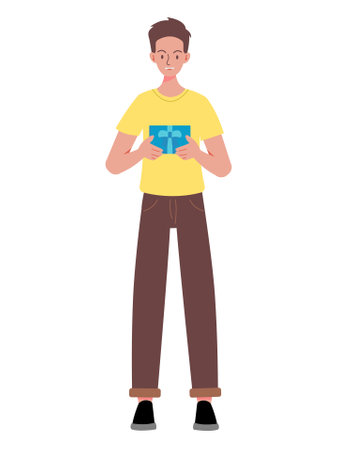 flat vector, cartoon style illustration, happy man holds gift box in his handのイラスト素材
