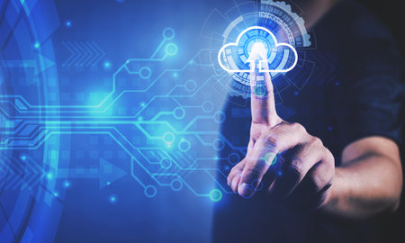 Human hand touching virtual cloud icon, business, information, technology concept