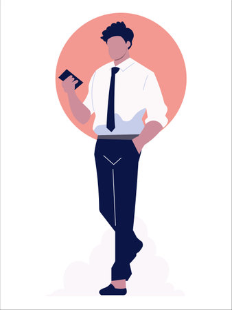 Flat vector art, illustration design, a businessman standing and holding a mobile phoneのイラスト素材