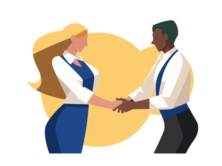 Flat cartoon, vector illustration, Businessman and woman shaking hand, business and corporate conceptのイラスト素材