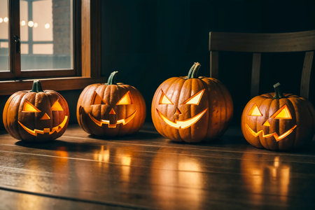 halloween pumpkins sitting on top of a wooden table, halloween celebration, spooky atmosphere, generative AI illustrationの素材