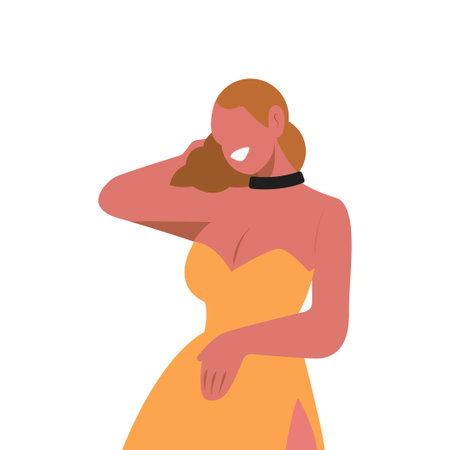 Character design illustration, flat character vector, smile woman in a yellow dress touching billowing hair isolated on white background 
のイラスト素材