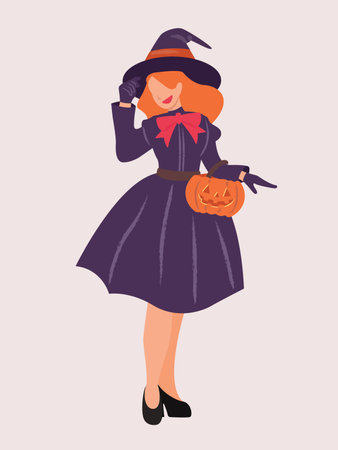 vector art, flat character illustration, young woman in witch outfit holding Jack-O-lantern bucket, fancy costume, Halloween-themed designs, holiday greetingsのイラスト素材