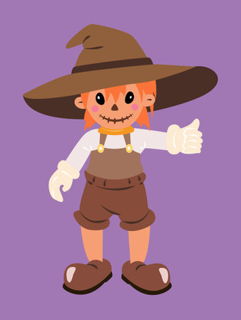 Cute Cartoon Scarecrow Character with Thumbs Up, Character Design on Purple Background, Vector Art for Halloweenのイラスト素材