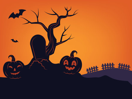 flat vector illustration, spooky Halloween illustration,  silhouette carved pumpkins with mischievous faces sit in front of a crooked tombstone, orange theme,のイラスト素材