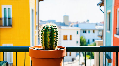 A vibrant cactus sits in a terracotta pot on a balcony overlooking colorful buildings and a sunny cityscapeの素材