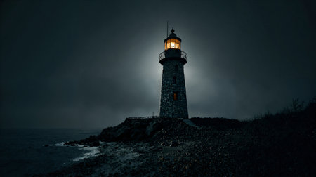 A solitary lighthouse stands resolute against a dark, misty nightの素材