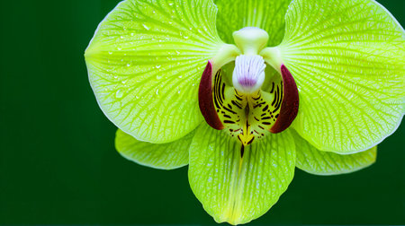 vibrant green orchid flower with delicate water droplets, showcasing its intricate details against a dark backgroundの素材